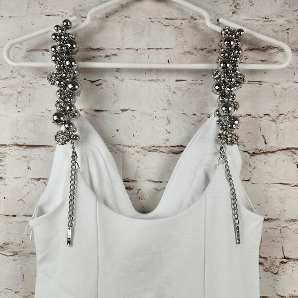 AREA Grape Cluster Dress in White Sleeveless Beaded Straps Medium Mini Deep V - Picture 8 of 14